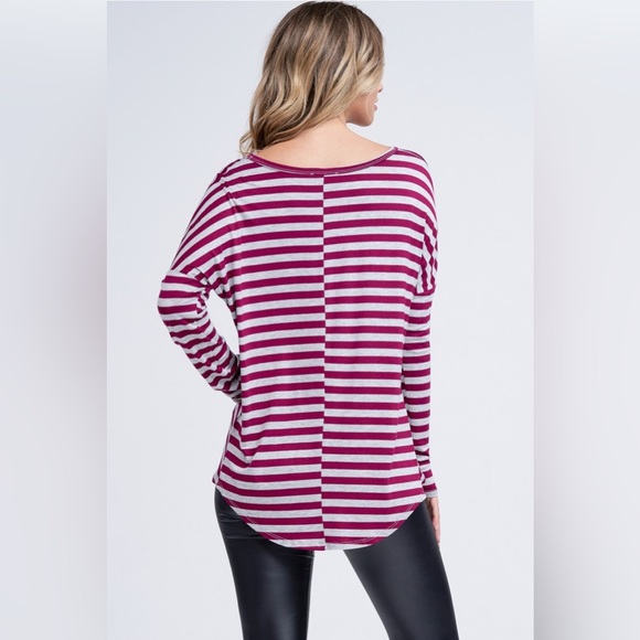 NWT White Birch Front Knotted Striped Long Sleeve Top, Burgundy/Gray - Picture 4 of 6